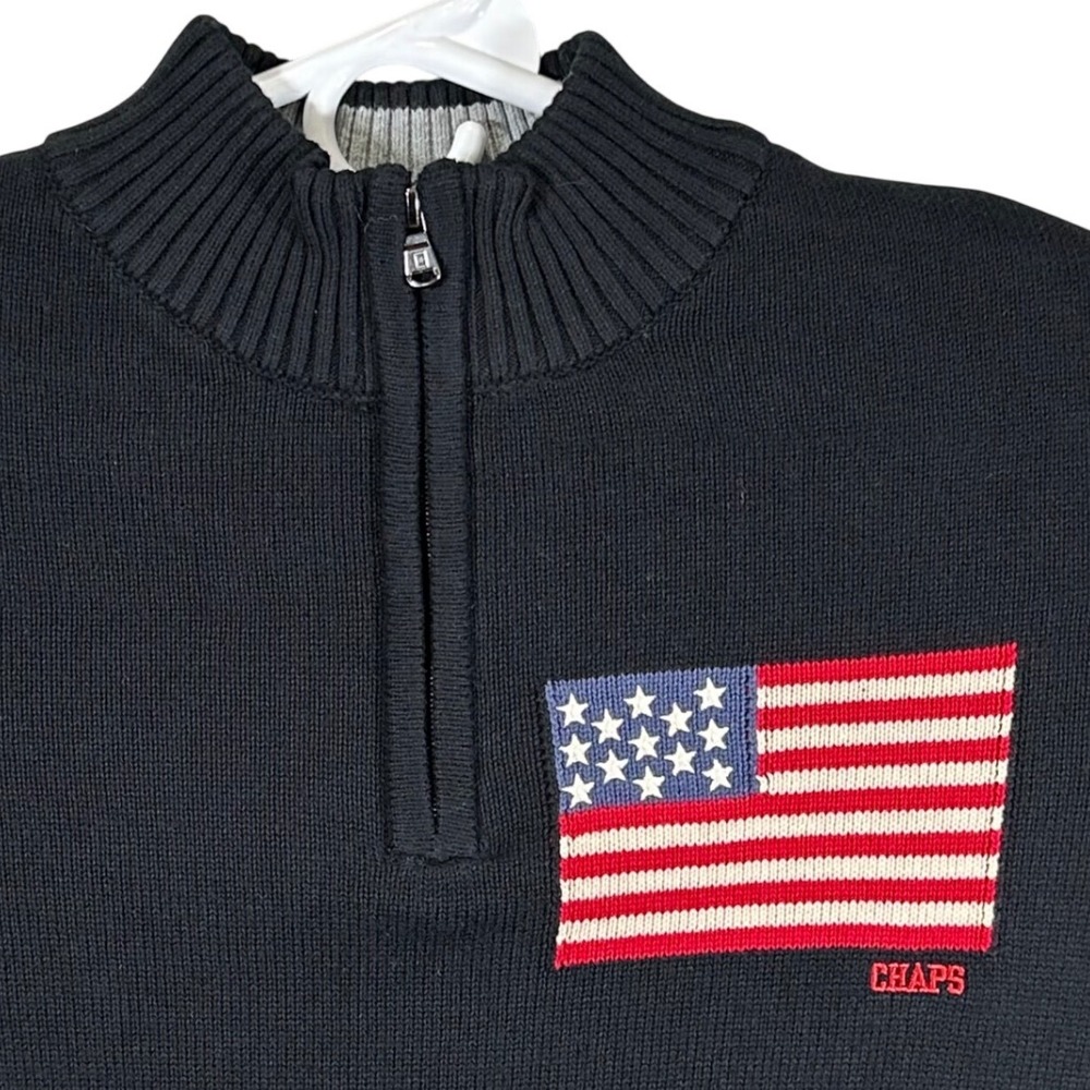 Chaps Mens Flag Quarter Zip‎ Sweater Jet Black Cotton Tight Knit Pullover XL New